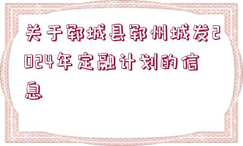 關于鄆城縣鄆州城發(fā)2024年定融計劃的信息